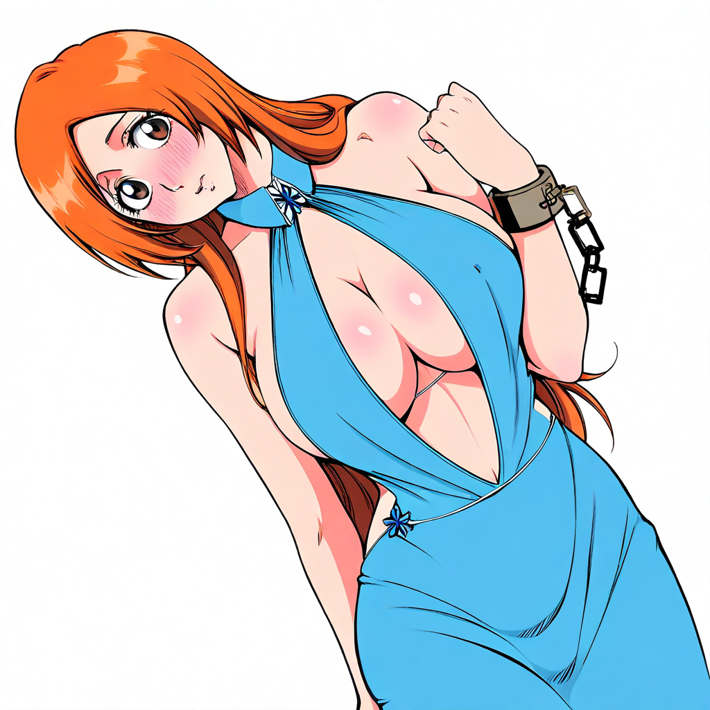 (Anime lineart, ), masterpiece, anime wallpaper, CG, official art, porn quality, highest quality anime, hentai art, anime lineart, illustration, best quality, absurdres, highres, Female character standing against a white background, solo,highres, realistic skin texture, flexible pose,<lora:hyperSD8:1>, ((bleach anime, anime style:0.3), 1girl, (inoue orihime\(Bleach\)) ((orange hair)), (brown eyes), (AK05EV3N1NGDR3S5:1.2), breasts, anime screencap  adult female, head tilt, blush, blushing, Evening dress, backless dress, backless outfit, bare shoulders, blue dress, dress, sideless dress, sidless outfit, sleeveless, sleeveless dress, cuffs, shackles, Cosplay, cowboy shot, dutch angle,  Simple background, white background