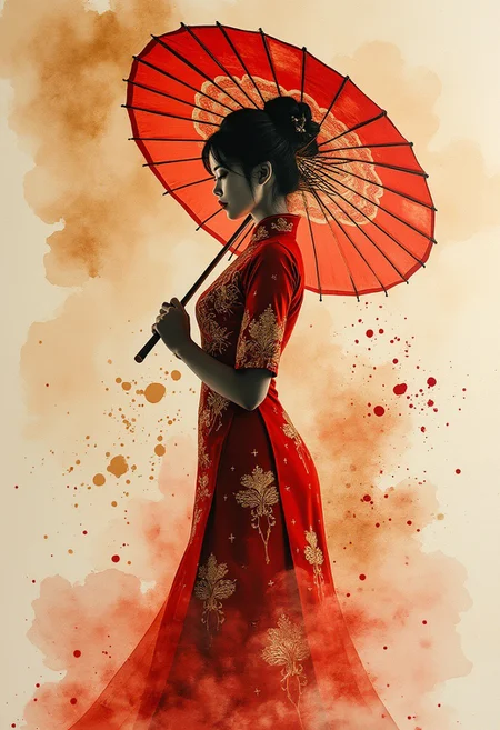 Expressive Watercolor Ink Wash, Inkplash art on rice paper, sepia, henna , Silhouette Art, magnificent, young Asian woman in a red and gold cheongsam, holding a red wax parasol, abstract background, bokeh