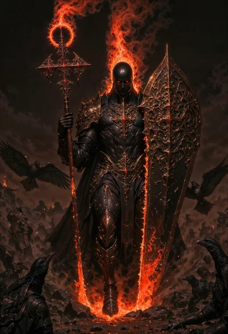 A battle-scarred warrior reborn from the ashes, the Emberforged Revenant strides through a smoldering battlefield clad in armor fused with molten veins of infernal fire. Wisps of ember-laced smoke rise from the cracks in his charred gauntlets, and his eyes burn like twin infernos, seething with relentless fury. A great cleaver, blackened by countless battles, drips with molten slag, each swing searing the air with blistering heat. Shadows dance in the wake of his steps, leaving scorched imprints upon the earth, while spectral ravens wreathed in flame circle above, their cries echoing the whispers of fallen souls.