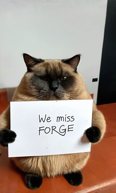iphone photo, very fat cat, crying, tears, holding a sign saying "WE MISS FORGE", realistic, blur, reallife