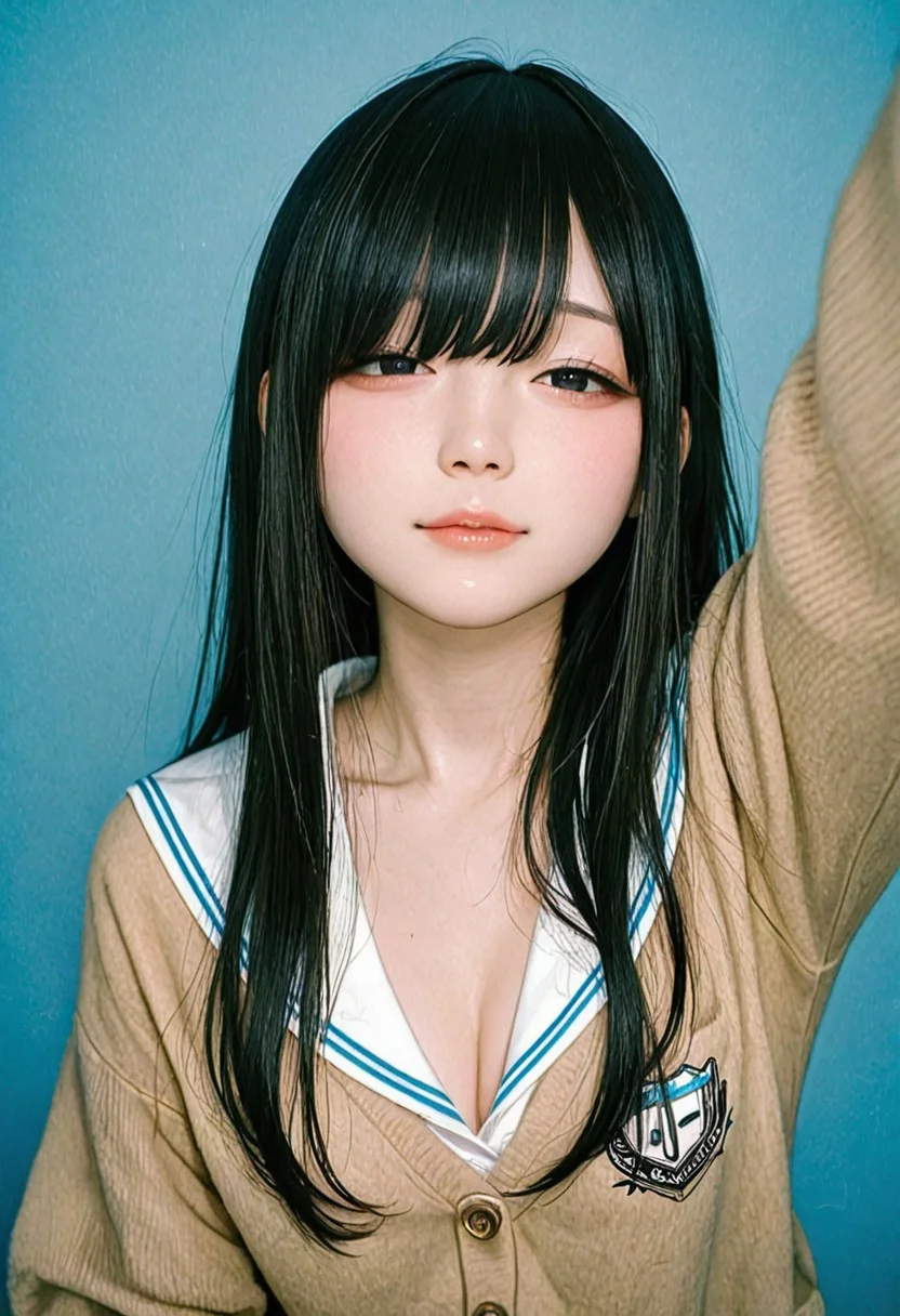 , raytracing, very awa, high resolution, official art, realistic, masterpiece, best quality, film grain, Film Still, realistic,photorealistic, super detailed skin, realistic skin, realistic human skin, Realistic skin tones, Three-dimensional skin, (simple blue background), (Low brightness lighting),
BREAK
, (Korea Cosplayers), (Taiwan Cosplayers), (Japanese Cosplayers), (blue_archive), virtual youtuber, hololive, nijisanji.jp, (ars almal:0.8), (Suzuhara Lulu:0.8), (Houshou Marine:0.8), Selfie style, selfie photo,
BREAK
, kawaii girl, (jiraikei face), (18-year-old:1.4), perfect eyes, (narrow nose), half-closed eyes, (petite:1.4), black hair, long hair, black eyes, thin lips, ((School Uniform)), ((Front view)),
BREAK
,Rounded chest, taut chest, Cleavage,