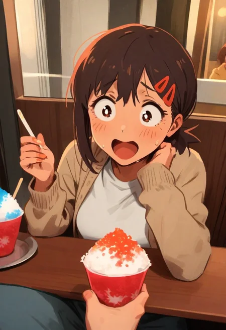 <lora:Khyle. v3:0.8>, pov, pov across table, sitting, (excited over shaved ice),
Higashiyama_Kobeni, white tank top, cardigan, open cardigan, jeans,
masterpiece, best quality,