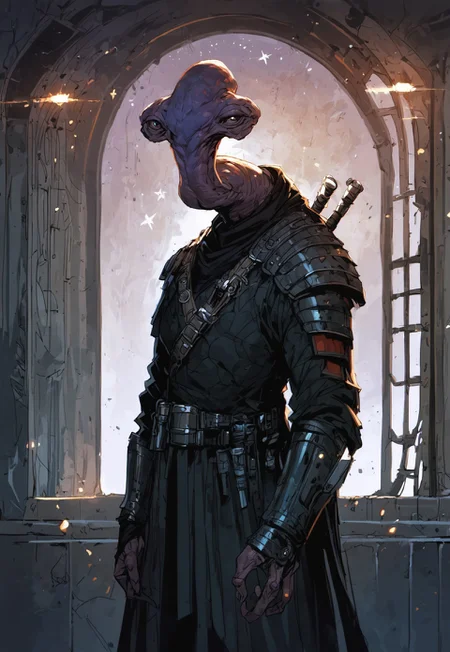 score_9, score_8_up, score_7_up, BREAK,
ithorian hammerhead alien on a space station, window showing stars and wormhole, dramatic lights
