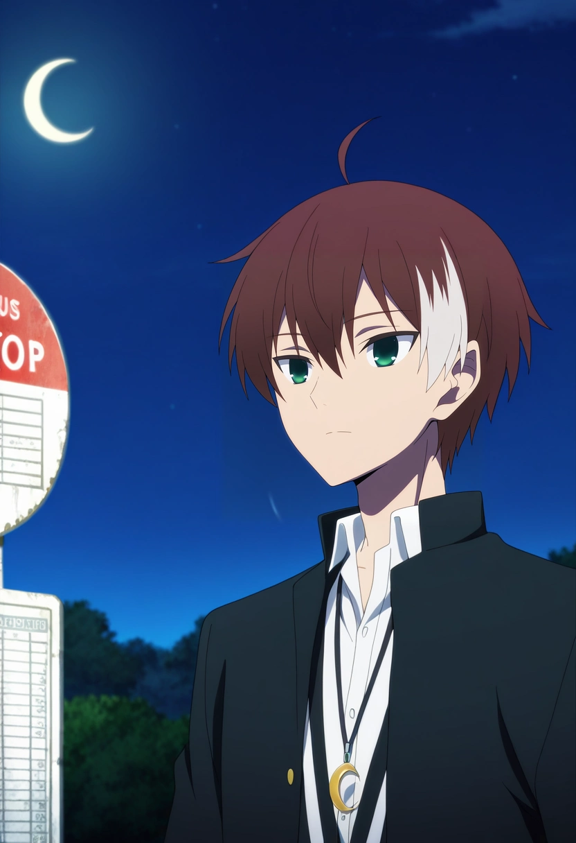 masterpiece, best quality, , anime screencap, , ,, 1boy, solo, male focus, <lora:akatsuki_iride_ilxl:0.96>, akatsuki_iride, brown hair, green eyes, short hair, ahoge, multicolored hair, two-tone hair, white hair, black jacket, white shirt, collared shirt, focused, bus stop, night, crescent moon, the pose, expressionless,
