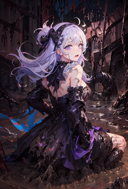 ((((((((covered in mud)))))))),(((((mud))))),(((((dirty))))),(((((messy))))), (((((dirty face))))), (((torn clothes))), (((nfsw))),((masterpiece)), ((best quality)), ((ultra-detailed)), ((illustration)), Amazing, beautiful detailed eyes, finely detail, (((purple gothic fashion frilled dress))), (((light purple long hair))),(purple eyes), hairband, long sleeves, neck ribbon, puffy sleeves, skirt pleats, dress bow, Medium breasts,(crying),<lora:vividWatercolorsLora_10:1> <lora:partiallySubmergedInto_partiallySubmerged641:1>