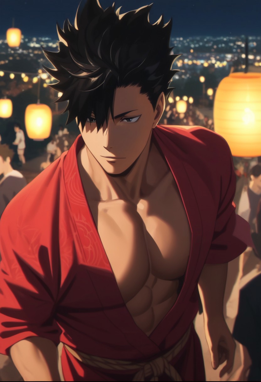 score_9, score_8_up, score_7_up, source_anime, rating_explicit, pecs, Kuraikyu, 1boy, male focus, anime screencap, dark-red yukata, blurry outdoor lantern festival, food stalls, hands with five fingers, warm bokeh, from above,