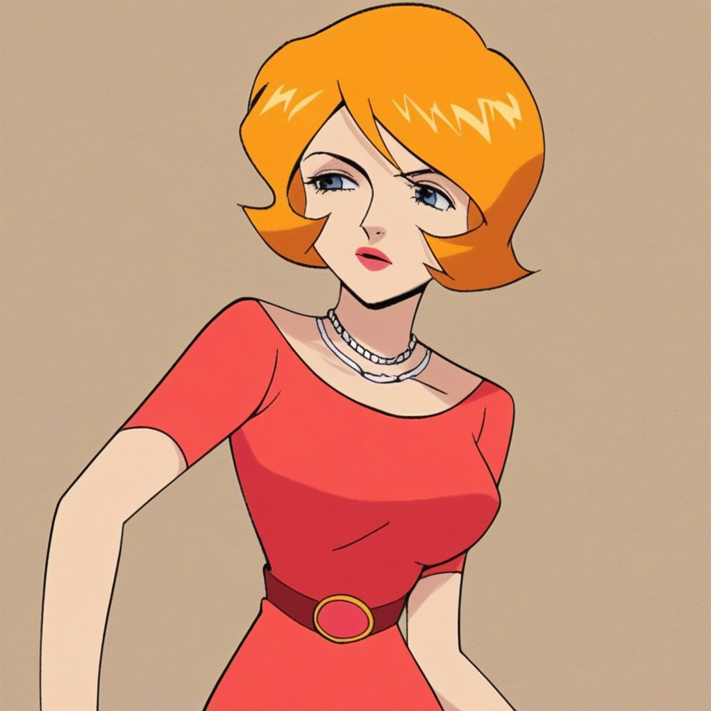 score_9, solo, lindsey_thorndyke, orange hair, short hair, necklace, dress