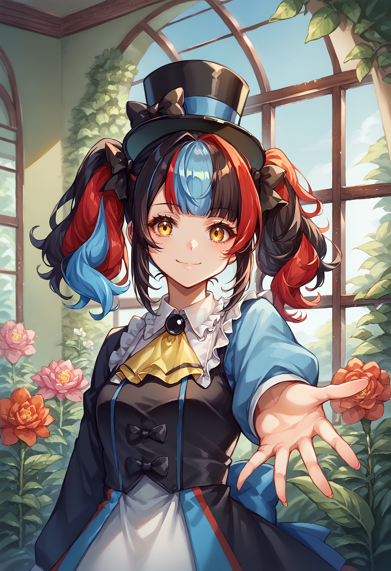score_9, score_8_up, score_7_up, source_anime, 1girl, solo, looking at viewer, long hair, twintails, multicolored hair, black hair, red hair, blue hair, kodona, collared shirt, hat bow, frills, long sleeves, top hat, dress, Gr33nhouse, greenhouse, plant, window, flower, beckoning, reaching towards viewer, cowboy shot, yellow eyes, ascot, frilled collar, day, smile, closed mouth