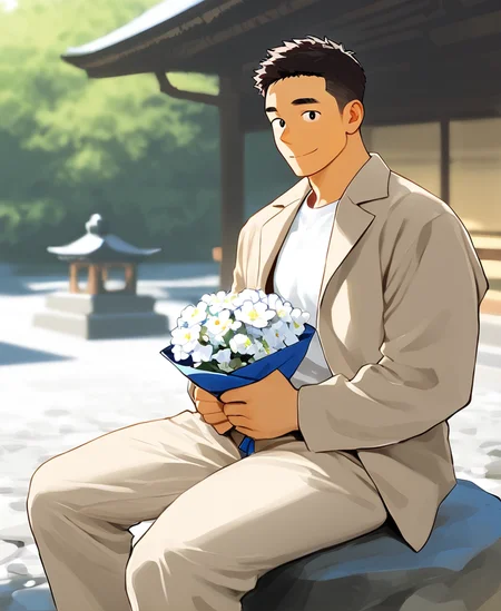 ((source anime)), breeze style, ((anime eyes:1.5, small nose, simple mouth:1.5)), short hair, score_9, score_8_up, score_7_up, Korean, <lora:Expressive_H:1.4>, ((handsome man:1.2, light skin)), (focus male, solo:1.1), masterpiece, best quality, ((1man, 1boy, mature man:1.4)), masterpiece, best quality, amazing quality, 
<lora:Breez_Style_Wv3:1>. breeze style, smile, 
masterpiece, best quality, amazing quality, 1boy, solo, masterpiece, best quality, young man sitting on a rock, relaxed posture, casual outfit (beige jacket, white t-shirt, beige trousers), short dark hair, holding a small bouquet of flowers, slight smile, looking at the camera, outdoor setting, blurred background with architecture, candid lifestyle photography, shallow depth of field, bright and even lighting, sunny day, volumetric lighting,