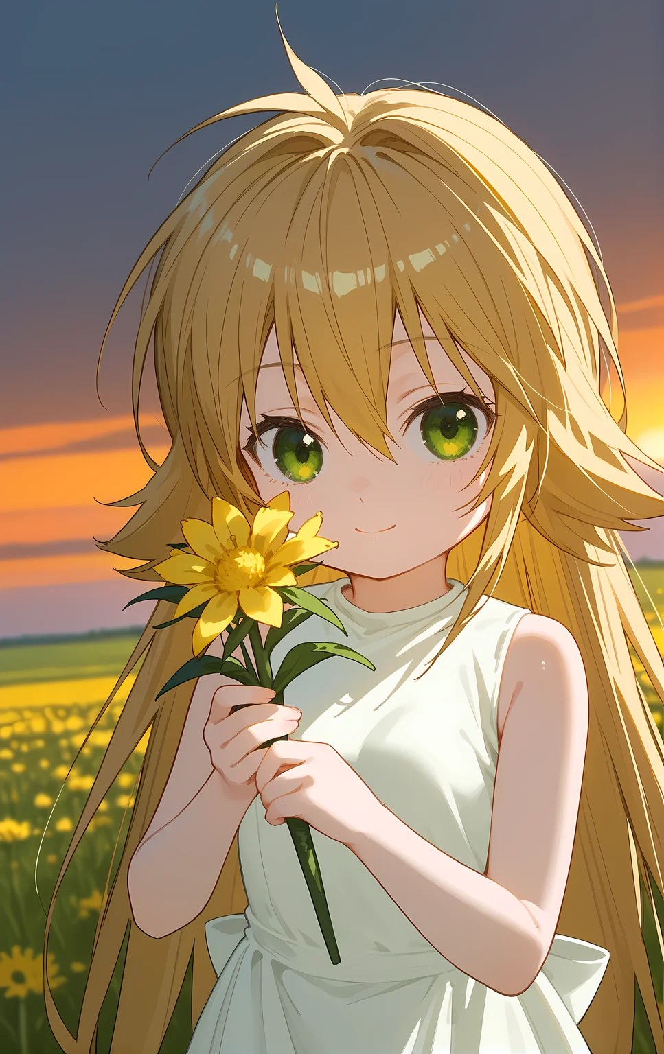 (score_9, score_8_up, score_7_up), looking at viewer, light smile, closed mouth, shiny skin, tight clothes,
ohwx, 1girl, solo, solo_focus, aged_down, child, green_eyes, blonde_hair, long_hair, very_long_hair, hair_between_eyes, small_breasts,
dress, white_dress, sleeveless, sleeveless_dress, bare_shoulders,
sunrise, field, (holding flower:1.5), blurry, upper body, close-up, cowboy shot, dutch angle,
<lora:kusano_pony_ss-000002:1>