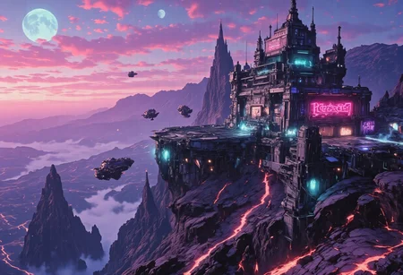 OBxiaoxiang, CAICO, inksketch purple and gray theme, Abstract digital painting in the style of ck-js, detailed photorealistic image, a sci-fi Piratebase of colossal buildings and towers in a barren lavender lush landscape, looking like an Pirate Outpost perched at the Cliff, of a volcanic cliff, its sleek towers a stark contrast to the cliffs surrounding it. The planet’s sun casts a vivid, cyan surreal light across the station, while deep fissures reveal glowing rivers of molten pink lava far below. The sky is a surreal shade of black and purple, dark glowing diodes and lights ((dark glowing diodes, lights and neon signs), Reaper Syndicate written on the neon signs), attached to the building is a landing field with 3 Spaceships landed on it, Dragonkin like creatures are around fixing some spaceships, two moons hanging low in the horizon, each reflecting light off the surface, large depth of field. The sky is a dark pink, with 2 broken soft blue moon hanging low in the horizon <lora:more_details>
realistic, detailed background, shaded, detailed, hi res, realistic, photography \(artwork\), (by kenket), by ross tran, by michael & inessa garmash, by pino daeni, by isvoc, by kiguri, by alena aenami, by ruan jia, (by zenthetiger, by wolfy-nail), by Enki Bilal, by drmax, photorealism, <lora:add_detail:1.3
