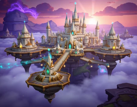 WOW_Character_Style, This image is a digital drawing of a World of Warcraft environment, depicting a majestic floating city. The city is built on massive, suspended islands, connected by elegant stone bridges and surrounded by swirling clouds. Grand towers rise into the sky, their spires tipped with glowing magical crystals, and intricate, gilded buildings line the streets below. Arcane energy flows through the air, visible as streams of light winding between the floating platforms. Below, the ground is lost to the clouds, giving the city an ethereal and unreachable feel. The sky is filled with soft hues of pink and gold from the setting sun, casting a warm glow over the city. The lighting is bright but soft, enhancing the magical and majestic nature of the place. The colors are primarily golds, whites, and blues, with the magic adding vibrant accents of purple and turquoise. The overall mood is one of grandeur and enchantment, a city of magic and wonder floating high above the world.
