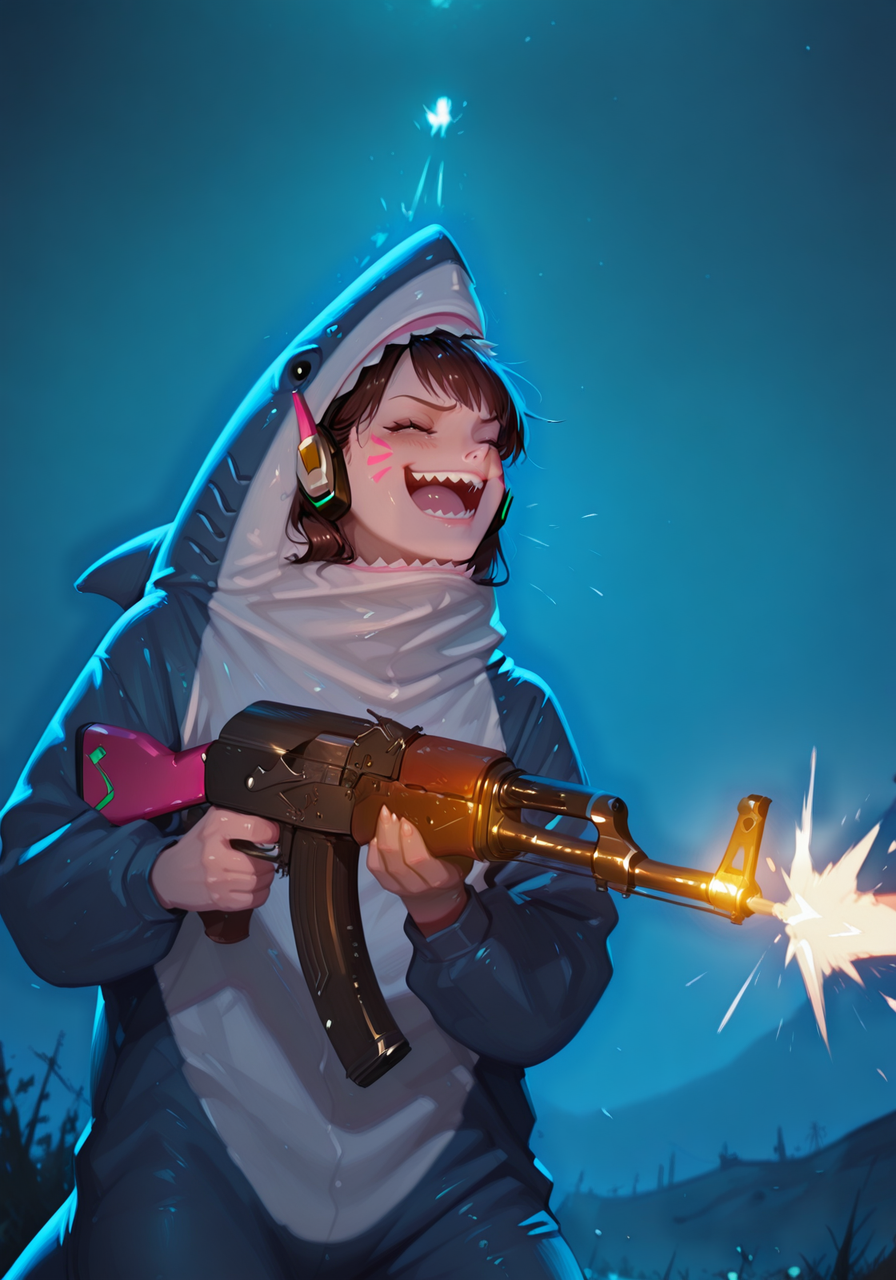 embedding:IllusP0s, blahaj_\(shark costume\), 1girl, ak-47, assault rifle, firing gun, laughing, sharp teeth, d.va_\(overwatch\), aiming gun, outdoors, night, solo,<lora:blahaj_ill_v2.safetensors:1.0:1.0> <lora:ak-47.safetensors:1:1>