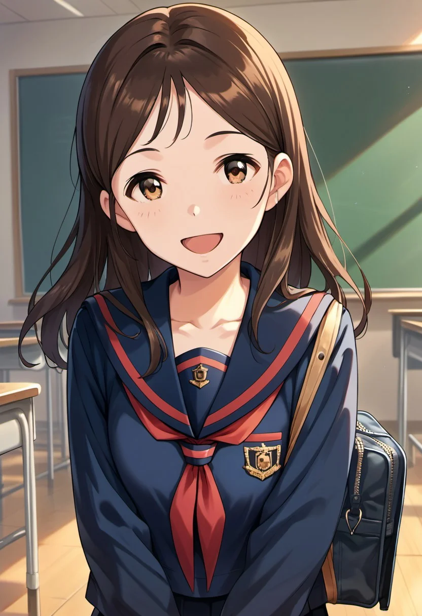 score_9, score_8_up, score_7_up, source_anime, ayase honoka, brown hair, brown eyes, 1girl, school uniform, solo, serafuku, bag, open mouth, long hair, smile, looking at viewer, blue serafuku, classroom