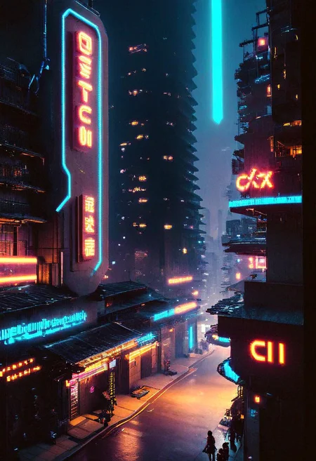 Late night in the street of a neon-lit city, female walks through the streets of a cyberpunk city, solo focus, focus on female, close up shot,