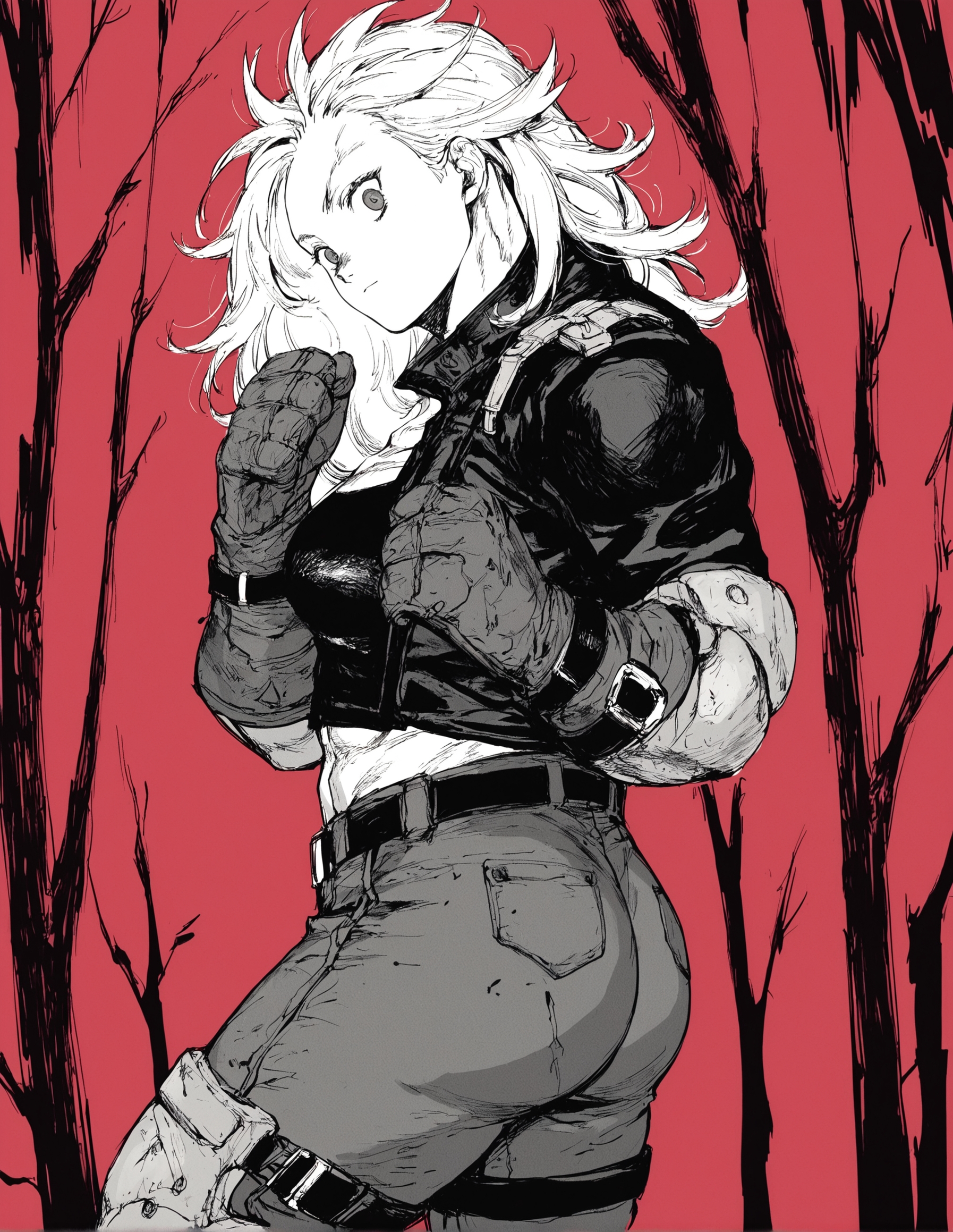 score_9, score_8_up, score_7_up,score_6_up,high resolution,qhayastyle,monochrome,greyscale,noi,long hair,white hair,muscular female,1girl,forest,rim lighting,dof,solo,pov,front view,from side,bubble butt,jacket,elbow pads,knee pads,gloves,upper body,belt,red background