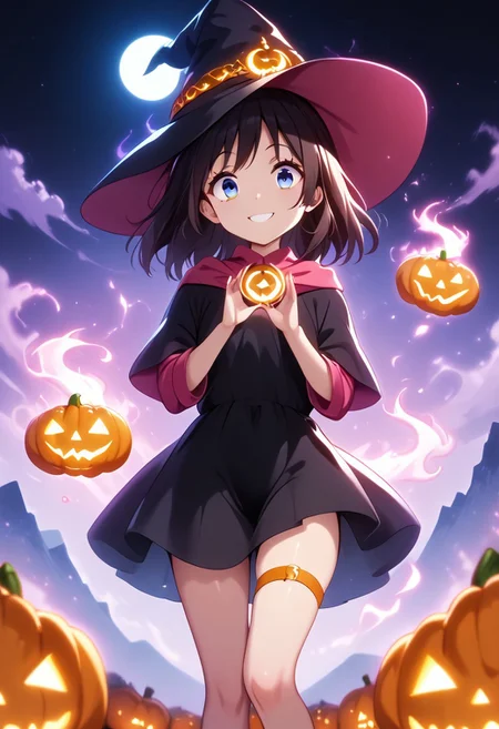 score_9,score_8_up,score_7_up, chloe, purple hair, crown braid, multiple braids, gold armlet, circlet, long black dress, wizard hat, anklet, leg band, evil smile, Pumpkin spell, floating burning pumpkins, bags under eyes, solar eclipse, fog, outdoors, purple magic, hands up, casting spell, looking at viewer, mountainous horizon, wheat field, eclipse, halloween,