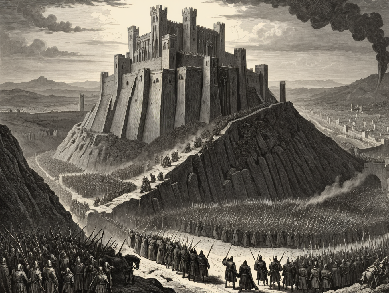(woodcut illustration:1.2) in detailed gustavedore style, , crisp even lines, high contrast, Tenebrism,
Siege of Minas Tirith: The majestic city of Minas Tirith is under siege. The Pelennor Fields are a battleground with orcs and Gondor's defenders clashing, creating a scene of epic conflict and desperation., directed by peter jackson
by gustave dore <lora:GustaveDore_StyleXLv6.1:0.5>  <lora:xl_more_art-full_v1:0.25> <lora:add-detail-xl:0.45>