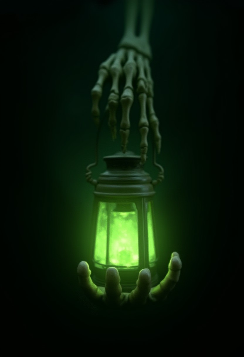 A highly detailed medieval lantern held by a skeletal  hand, glowing green, on fire, infernal flames, magic glow, green ambers, fantastic, glowing green core, pitch black background, background illuminated by lantern only, masterpiece, realistic, best quality
