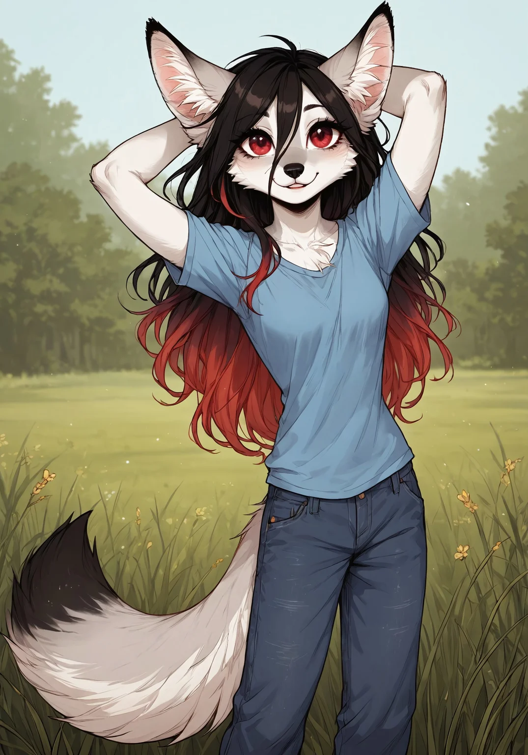 score_9_up, score_8_up, score_7_up, score_6_up, source_furry, (best quality:1.1), ultra-detailed, high resolution, highly detailed macro illustration, solo BREAK 1girl, Rixa, anthro, female, (gray and white fur), animal ears, black ear tips, thin black eyebrows, black animal nose, (beautiful red eyes:1.4), (long eyelashes:1.2), (black hair, red tipped hair), striped fluffy tail, slim, narrow waist, (happy expression, cute face:1.2), blue sports shirt, jeans BREAK outside, standing on a hill, day, looking up, sunny, sky, arms raised, blue sky, gentle breeze, model pose BREAK outside, grass, nature BREAK sharp focus, perfect lighting, anatomically correct, extremely detailed, high detail, detailed background,