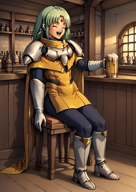 demi, solo, armor, gloves, cape, full body, sitting on a chair, tavern, woman, holding a beer, laughing, <lora:Demi-000011:1>
