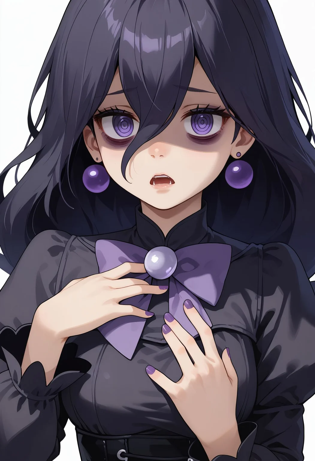 score_9,score_8_up,score_7_up,score_6_up,<lora:hex_maniac_pokemon_legends_z-a_pdxl_goofy:1> hex maniac plza, 1girl, bags under eyes, black corset, black dress, black hair, bow, bowtie, breasts, corset, cropped torso, dress, earrings, grey eyes, hair between eyes, hand on own chest, jewelry, juliet sleeves, long hair, long sleeves, looking at viewer, medium breasts, nail polish, open mouth, puffy sleeves, purple bow, purple nails, shaded face, simple background, solo, upper body, white background