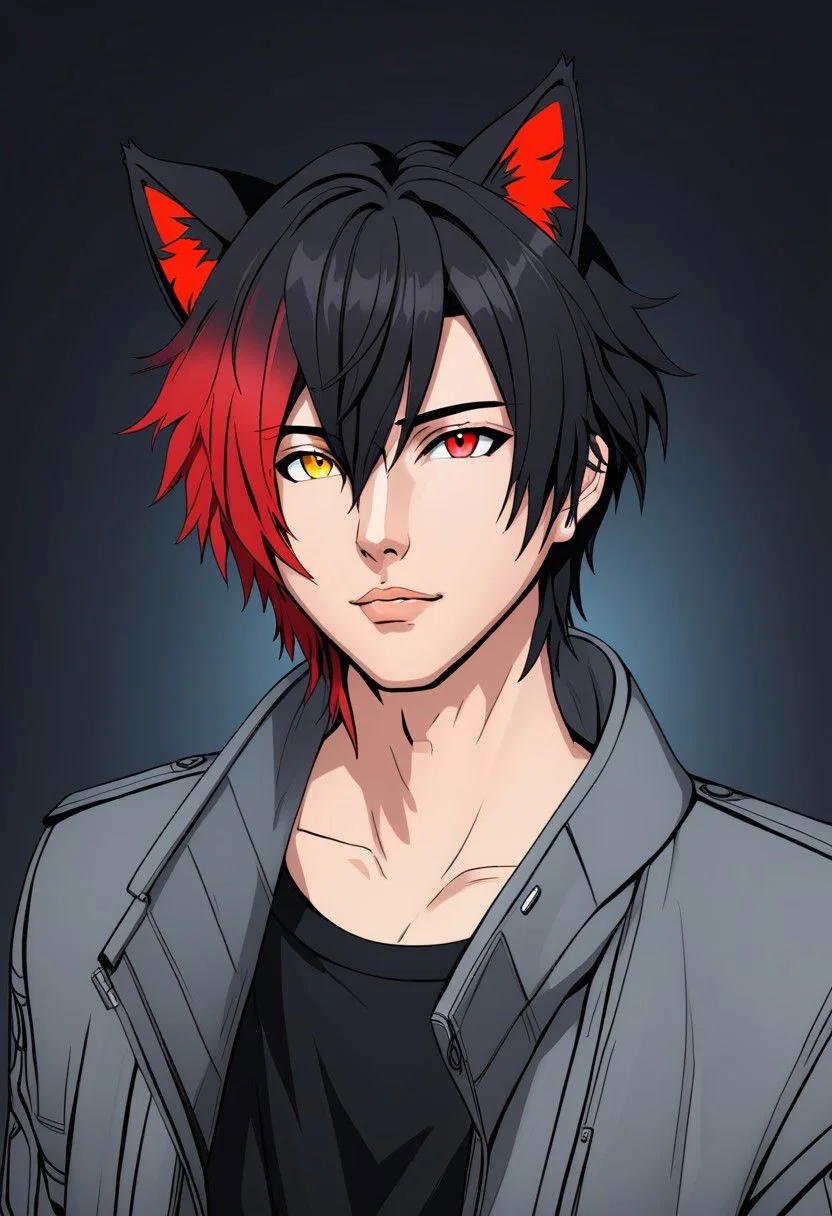Duskfallcrew Art Style, solo, looking at viewer, simple background, shirt, two tone hair, gradient hair, black hair, red hair, red eyes, 1boy, animal ears, jacket, yellow eyes, male focus, parted lips, cat ears, heterochromia, grey jacket, , cyberpunk, soft lighting, best illustration, cinematic angle, cinematic lighting, masterpiece, official art,