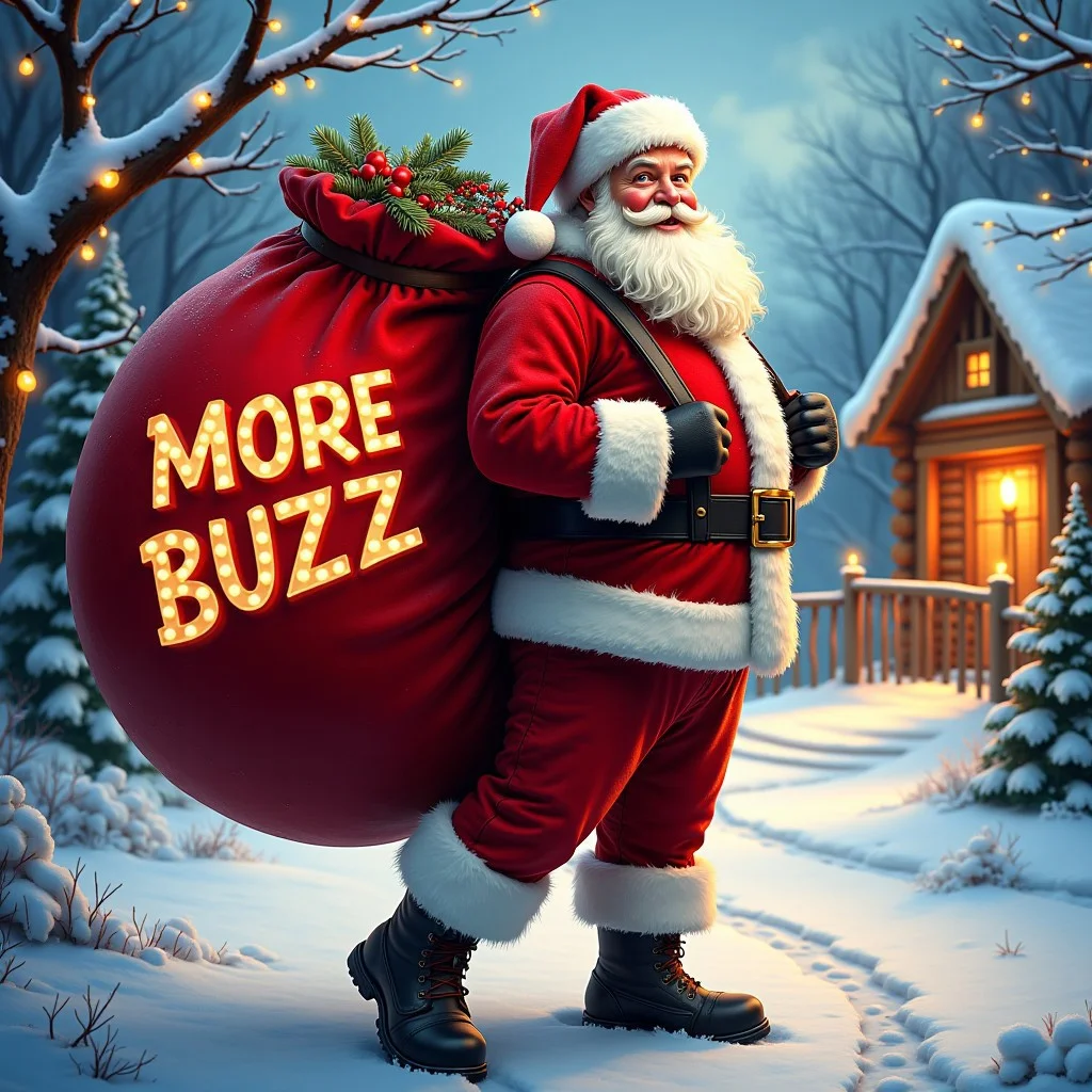 "Santa Claus holding a large, traditional red Christmas bag slung over his back, with the words 'MORE BUZZ' written in bold, festive letters across the bag. Santa is depicted in vibrant, detailed realism, wearing his classic red suit trimmed with white fur, his jolly face framed by a flowing white beard. The background is a snowy winter wonderland, illuminated by twinkling Christmas lights, with a warm glow emanating from a nearby log cabin. The overall atmosphere is cheerful and magical, capturing the festive holiday spirit in intricate detail."