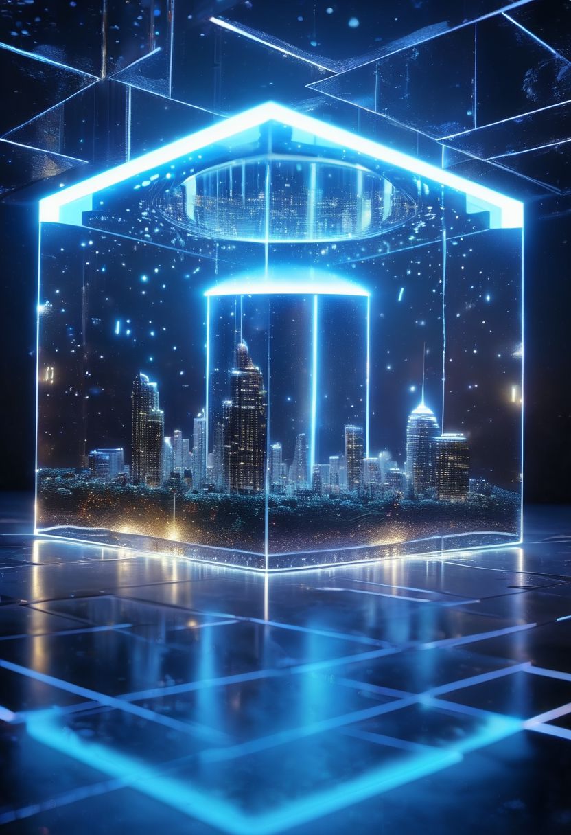 pretty blue sky landscape
shiny floating crystal cube with model of an illuminated night city and storm and lighting inside cube, close up  floor point view