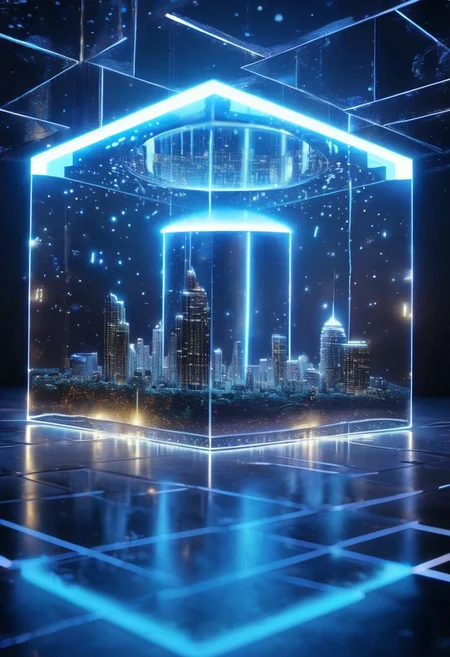 pretty blue sky landscape
shiny floating crystal cube with model of an illuminated night city and storm and lighting inside cube, close up  floor point view