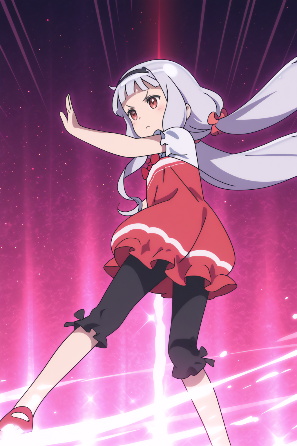 newest, dynamic pose, Kate Hoshimiya, blunt bangs, capri pants, red dress, galactica <lora:Zvezda_-_Kate_Hoshimiya_-_illustrious:0.8>