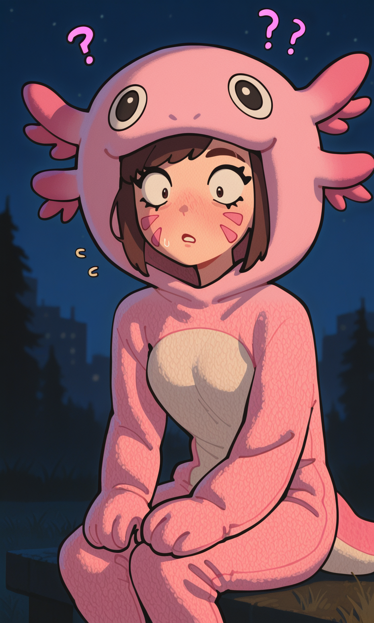 embedding:IllusP0s, wwafr, axolotl costume, 1girl, sitting, outdoors night, confused, d.va_\(overwatch\)<lora:axolotl costume_illustrious.safetensors:1.0:1.0> <lora:wwafr-10.safetensors:1:1>