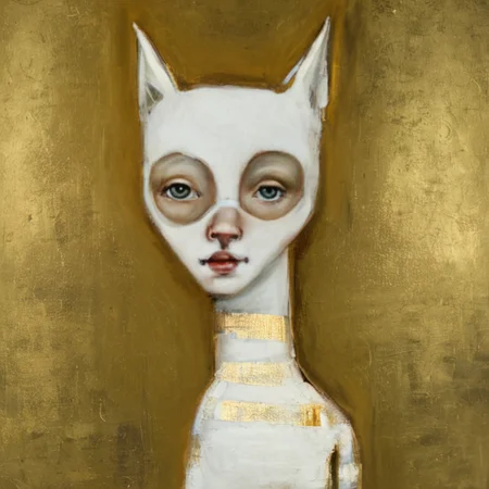 <lora:SDXL_style_by_Michele_Mikesell_Sa_May_v5:1> style by Michele Mikesell, a woman cat gold and white