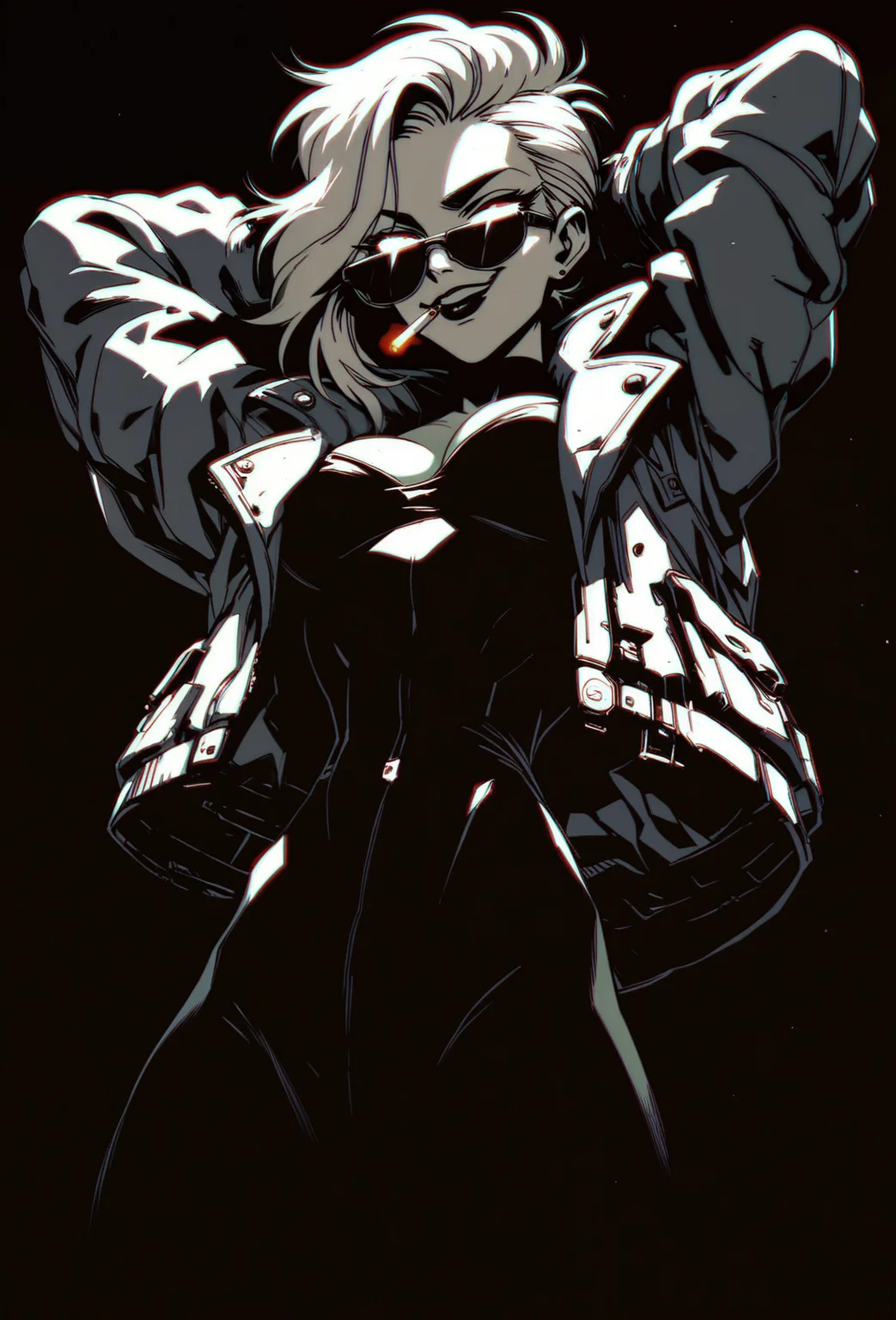 Silhouette style score_9, score_8_up, score_7_up, score_6_up, score_5_up, score_4_up, 1girl, smug face, smirk, hands behind head, from below,punk, cigarette in mouth, iconic glasses, punk jacket, cleavage, dark background, low-key, rimlight, <lora:Kenva:1>, KNVA, HALFTONE EFFECT, retro artstyle, <lora:zavy-chrmtcblr-sdxl:1> . High contrast, minimalistic, black and white, stark, dramatic