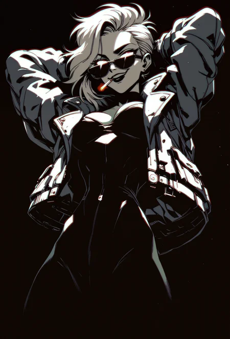 Silhouette style score_9, score_8_up, score_7_up, score_6_up, score_5_up, score_4_up, 1girl, smug face, smirk, hands behind head, from below,punk, cigarette in mouth, iconic glasses, punk jacket, cleavage, dark background, low-key, rimlight, <lora:Kenva:1>, KNVA, HALFTONE EFFECT, retro artstyle, <lora:zavy-chrmtcblr-sdxl:1> . High contrast, minimalistic, black and white, stark, dramatic
