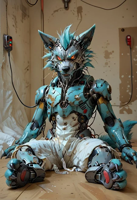 (((Barefoot furry character, full body, cinematic setting, furry male, plantigrade)))
(((Gilliam))), wolf boy, white pajama, ((wired, hijacked, hacked, corrupted, reprogrammed, brainwashed, mindwiped, )), sitting, spread legs, m pose, nice metalic feet paws, ((nice robotic feet paws)), three toes, claws, pawpad, determined look, (((restrained))), tilted head, drooling
BREAK
(((gilliam wolf, evil eye, sharp, red fluff tail, cyan hair, robot, cybernetic wolf, metallic))),
BREAK, intricate details, highly detailed, extreme detail, octane render, fine art, best quality, highres, (detailed face:1.5), ((full_body)), UHD, (((perfect hands))), low light