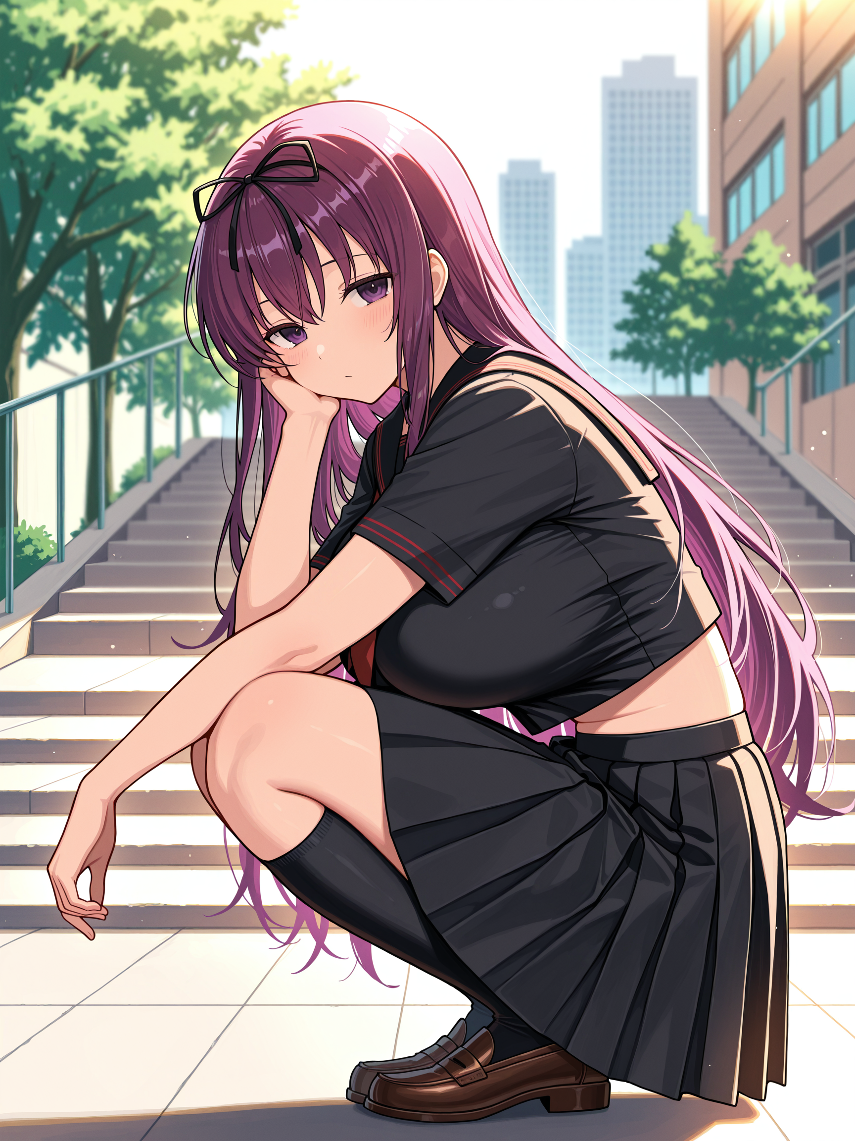 masterpiece, best quality, amazing quality, by [diyokama|say hana|lam]
(solo:1.4), Murasaki_IL, purple eyes, purple hair, very long hair, hair ribbon, large breasts, hebijo_outfit, school uniform, red stripe piping, black sailor collar, black serafuku, black shirt, black skirt, pleated skirt, crop top, short sleeves, black legwear, brown loafers
moody lighting, strong lighting, soft lighting, blurry, blurry background, building, squatting, cityscape, day, depth of field, from side, hand up, kneehighs, looking at viewer, outdoors, scenery, school, sitting, stairs, tree, wide shot
<lora:SK_Murasaki_IL:0.8>