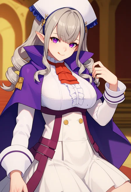 score_9, score_8_up, score_7_up, source_anime,
BREAK
1girl, solo,
<lora:shiSophiaKV2:1.0>, sophiadef, grey hair, long hair, purple eyes, drill hair, mole under eye, pointy ears,
cape, long sleeves, hat, ascot, large breasts,
white skirt,
looking at viewer, light smile, ;p, tongue out,