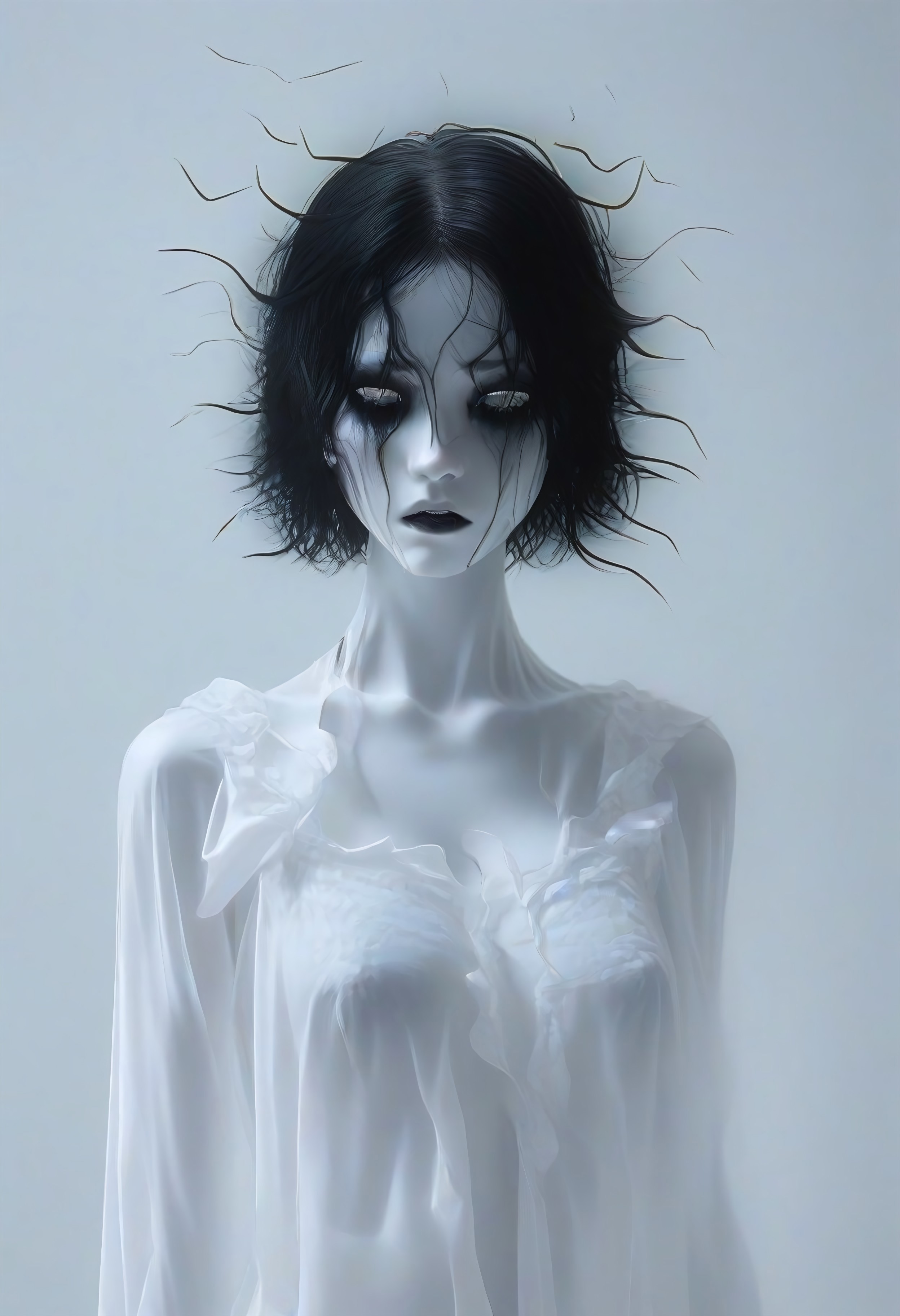 score_9, score_8_up, score_7_up, BREAK, The image is a high-resolution photograph of a person's face, taken in a dramatic, almost surreal style. The subject is a woman with black hair, a fair complexion and striking features. Her body is covered with a white translucent fabric that drapes over her shoulders, creating a ghostly, ethereal effect, which contrasts sharply with the pale skin and the white film, black tears, crying