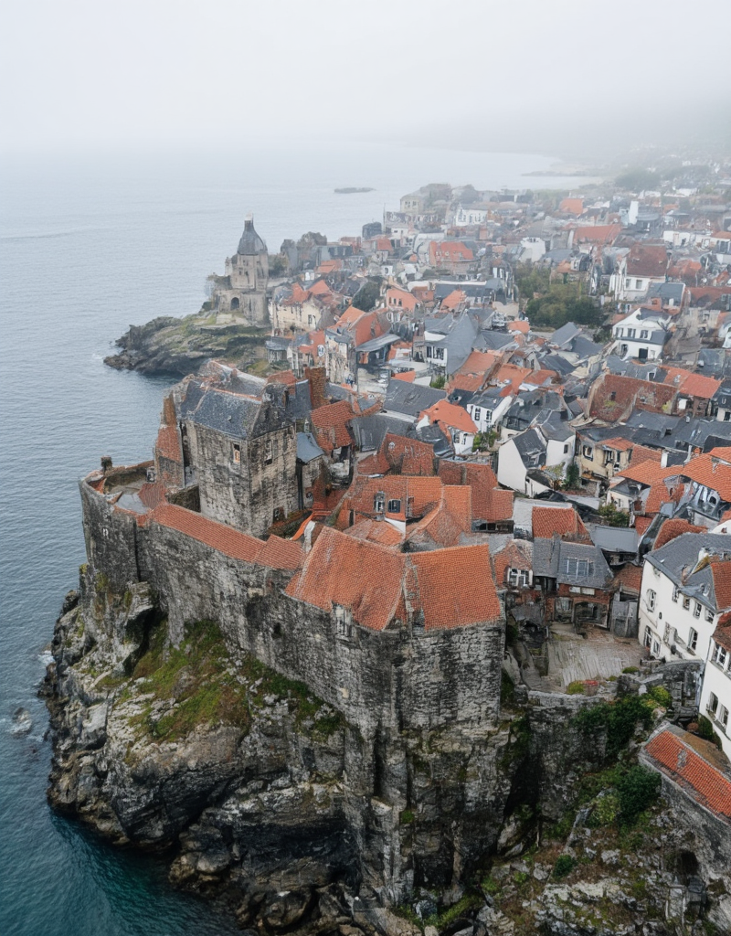 <lora:YCO_flux_F1b:1> yco_flux, castle, outside, from above, sea, town, scenery