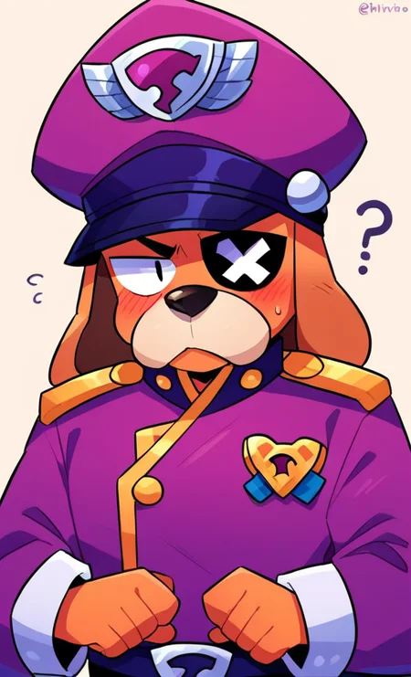 core_9, score_8_up, score_7_up, BREAK , <lora:bsruffsf:1>bsruffs, 1boy, dog ears, eyepatch, furry,orange skin , purple headwear, purple uniform, ,blush , confused, ??? ,looking at viewer,
