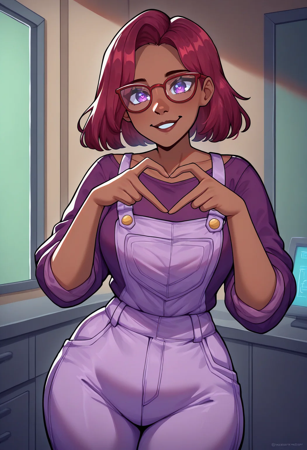 masterpiece, best quality, newest, absurdres, highres, <lora:NSMaruStardew:1> NSMaruStardew, red hair, dark-skinned female, medium hair, purple eyes, glasses, red-framed eyewear, purple shirt, collarbone, rolled sleeves, light purple overalls, smile, heart-hands, lab, indoors
