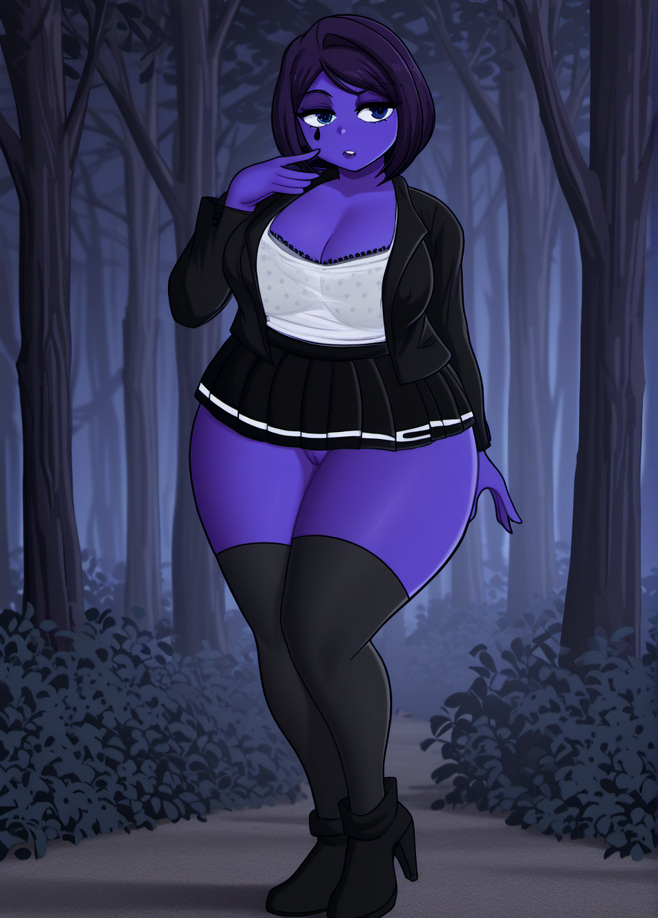 HDR, 8K, masterpiece, (ultra-detailed), best quality, amazing quality, very aesthetic, high resolution, absurdres, intricate details, incredibly absurdres, detailed face, shiny skin, nsfw, detailed eyes, detailed pussy, rating explicit, newest, scenery BREAK purple skin, JuniperR, 1girl, large breasts, thick thighs, blue eyes, cleavage, black thighhighs, short hair, black skirt, purple hair, high heels, wide hips, curvy, plump, full body, open jacket, black footwear, open clothes, white shirt, pleated skirt, high heel boots, polka dot bra, makeup, standing, looking to the side, black jacket, miniskirt, forest, underwear, parted lips, wet clothes, translucent bra, covered nipples, barely visible areola, facial mark, lazypos, <lora:StS-Illustrious-Detail-Slider-v1.0:1.5>, <lora:JuniperR0:0.9>,