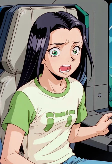 score_8, score_8_up, score_7_up, AWGXS, anime screenshot, retro artstyle,1990s (style), cel animation BREAK 1girl, female focus, solo, Caitlin_PP, black hair, long hair, green eyes, small breasts, t-shirt, print shirt, white shirt, raglan sleeves, green sleeves, jeans, blue jeans,cockpit, straight-on, scared, nervous, freaked out, screaming, upper body, sitting, looking at viewer,