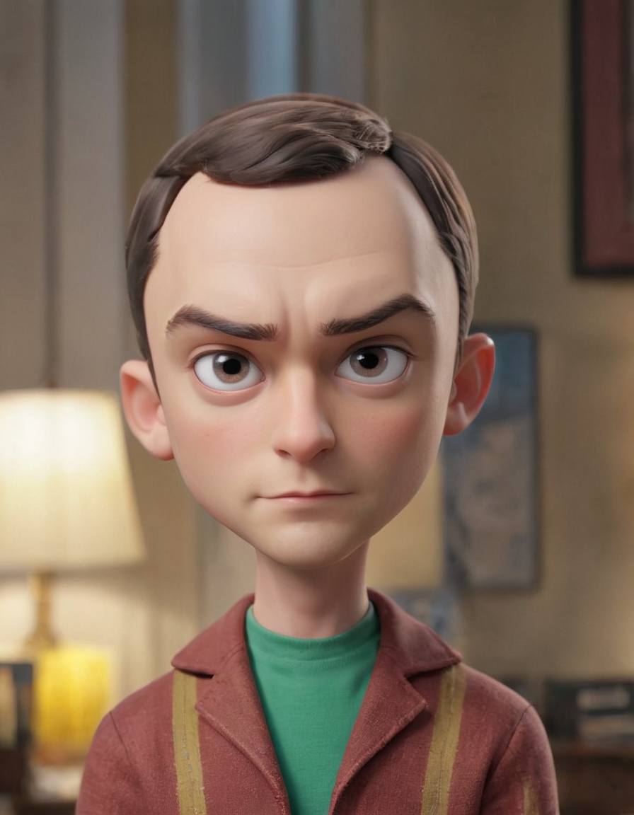 3D cinematic film.(Jim Parsons as Sheldon Cooper:1.6), (caricature:0.2). bokeh, professional, 4k, highly detailed <lora:SamaritanEsdxl:0.45> <lora:wegg:0.55> <lora:filmicVibesXL_v1.1:0.2> <lora:koud:0.2> skin imperfections. cute big circular reflective eyes, apartment, dof, (brilliantly quirky with a hint of condescension:1.2)