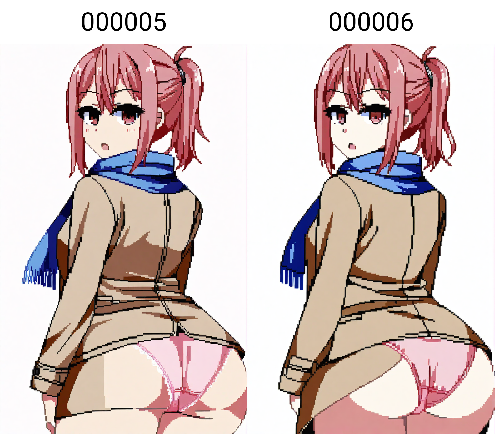 character: Mizuki (ç¾æ), character: Mizuki (ç¾æ) clothes2, pixel art, 1girl, solo, simple background, white background, from behind, looking back, looking at viewer, open mouth, pink hair, ponytail, ass, pink panties, cowboy shot, red eyes, blue scarf, brown coat
<lora:Mizuki (ç¾æ) v7.4 (å¤æè£æ­£ååå¾ç¿»è½¬)-000005:1>
