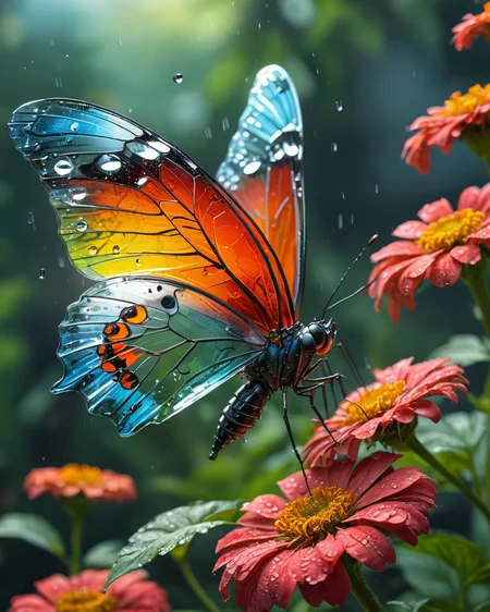closeup of nearly transparent high tech bioengineered cyborg butterfly with vibrant colors hovering over zinnias, drops of water on leaves, garden, professional photo, realistic, , <lora:add-detail-xl:0.75> <lora:xl_more_art-full_v1:0.5>