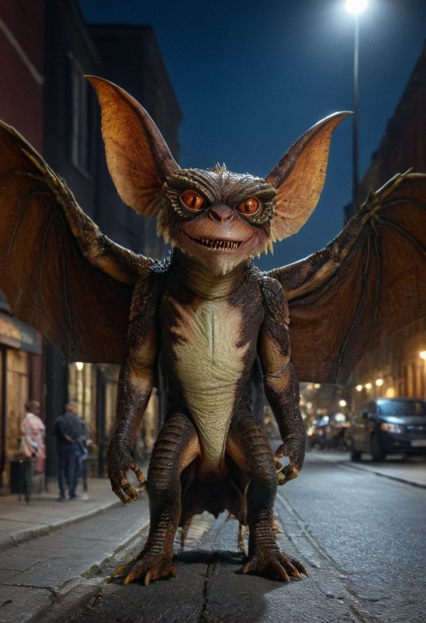 (Xgremlinx,Xbatx:1.3),  Big wings of bat,  amazing quality, masterpiece, best quality, hyper detailed, ultra detailed, UHD, perfect anatomy, portrait, hyper-realism, majestic, awesome, inspiring, - portrait in night city street ,  cinematic composition, soft shadows, national geographic style,