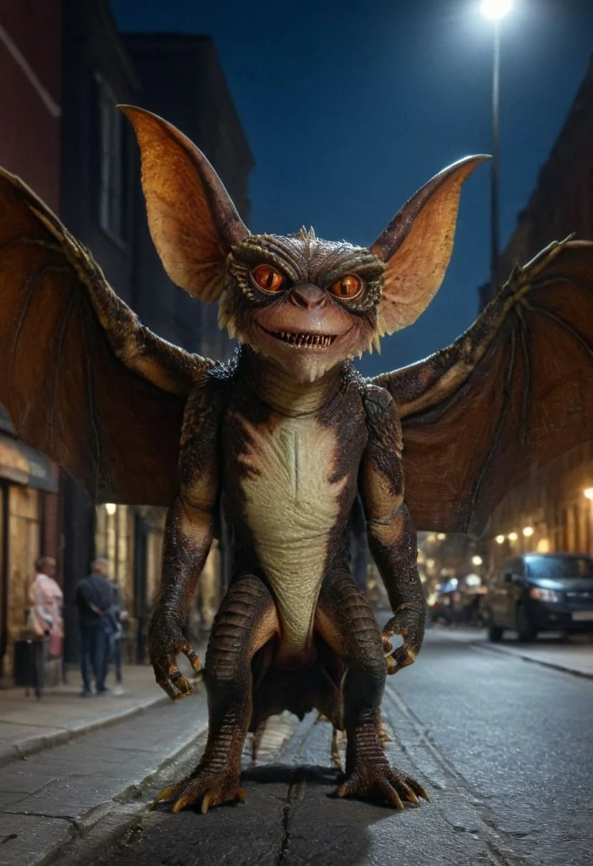 (Xgremlinx,Xbatx:1.3), Big wings of bat, amazing quality, masterpiece, best quality, hyper detailed, ultra detailed, UHD, perfect anatomy, portrait, hyper-realism, majestic, awesome, inspiring, - portrait in night city street , cinematic composition, soft shadows, national geographic style,