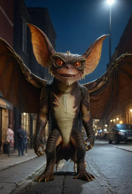 (Xgremlinx,Xbatx:1.3), Big wings of bat, amazing quality, masterpiece, best quality, hyper detailed, ultra detailed, UHD, perfect anatomy, portrait, hyper-realism, majestic, awesome, inspiring, - portrait in night city street , cinematic composition, soft shadows, national geographic style,